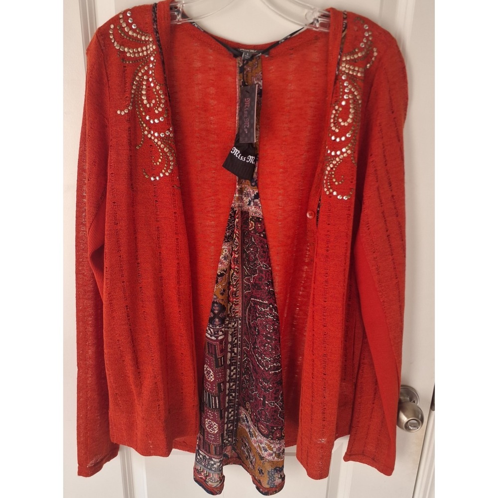 Miss Me Embellished Burnout Cardigan Women's Large Orange Boho Studded Lightweig